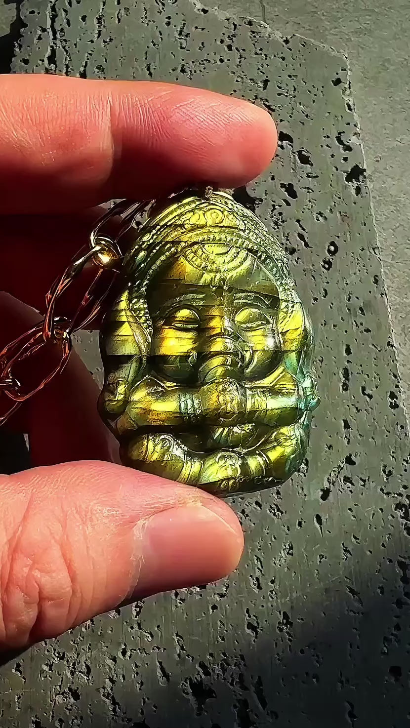 Sentinel Hand Carved Shadow and Light Ganesha Labradorite Pendant