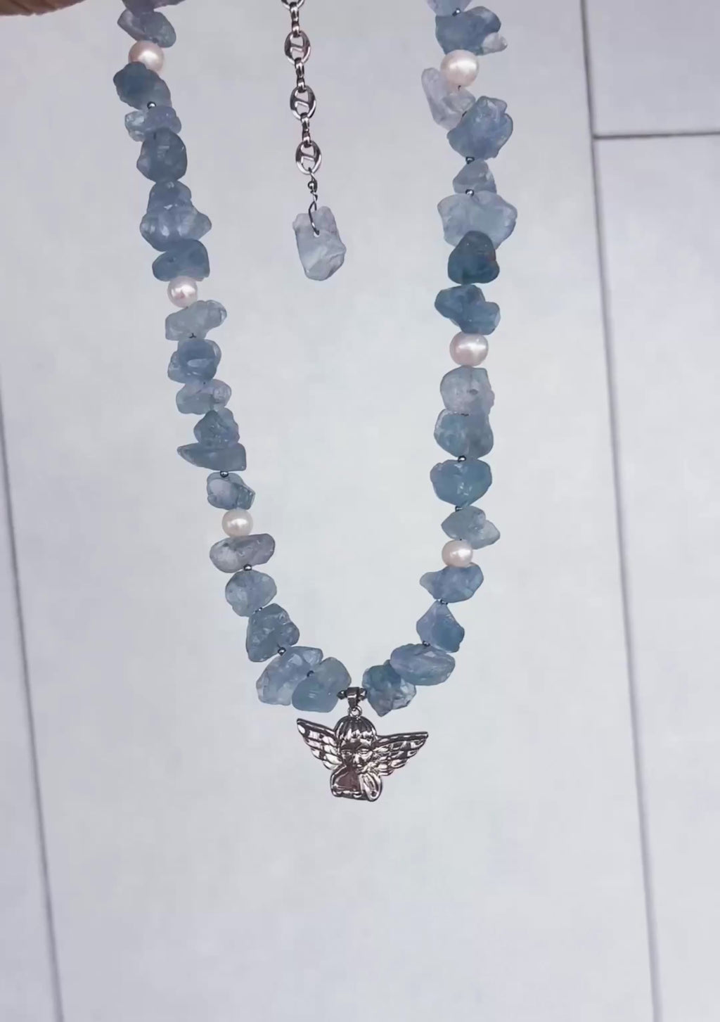 Sentinel Angel Breath Celestite Pearl Guardian Necklace