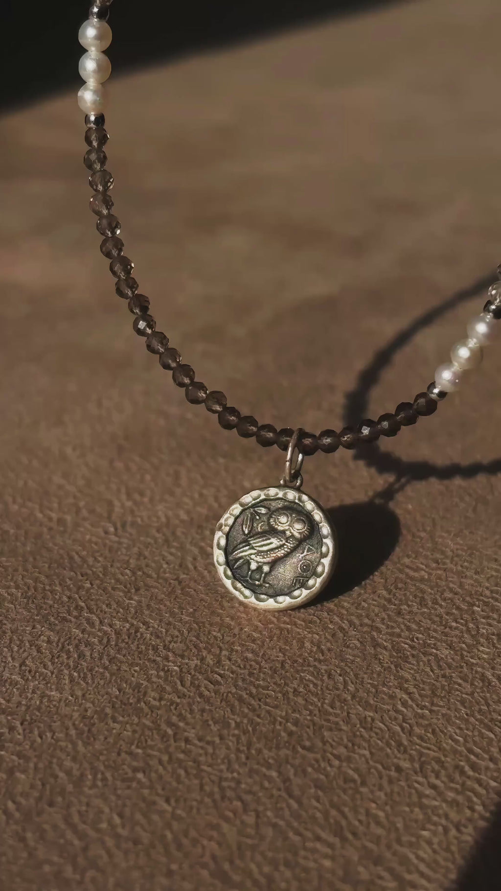 Sentinel Athena Grace Smoky Quartz Pearl Ancient Silver Coin Wisdom Necklace