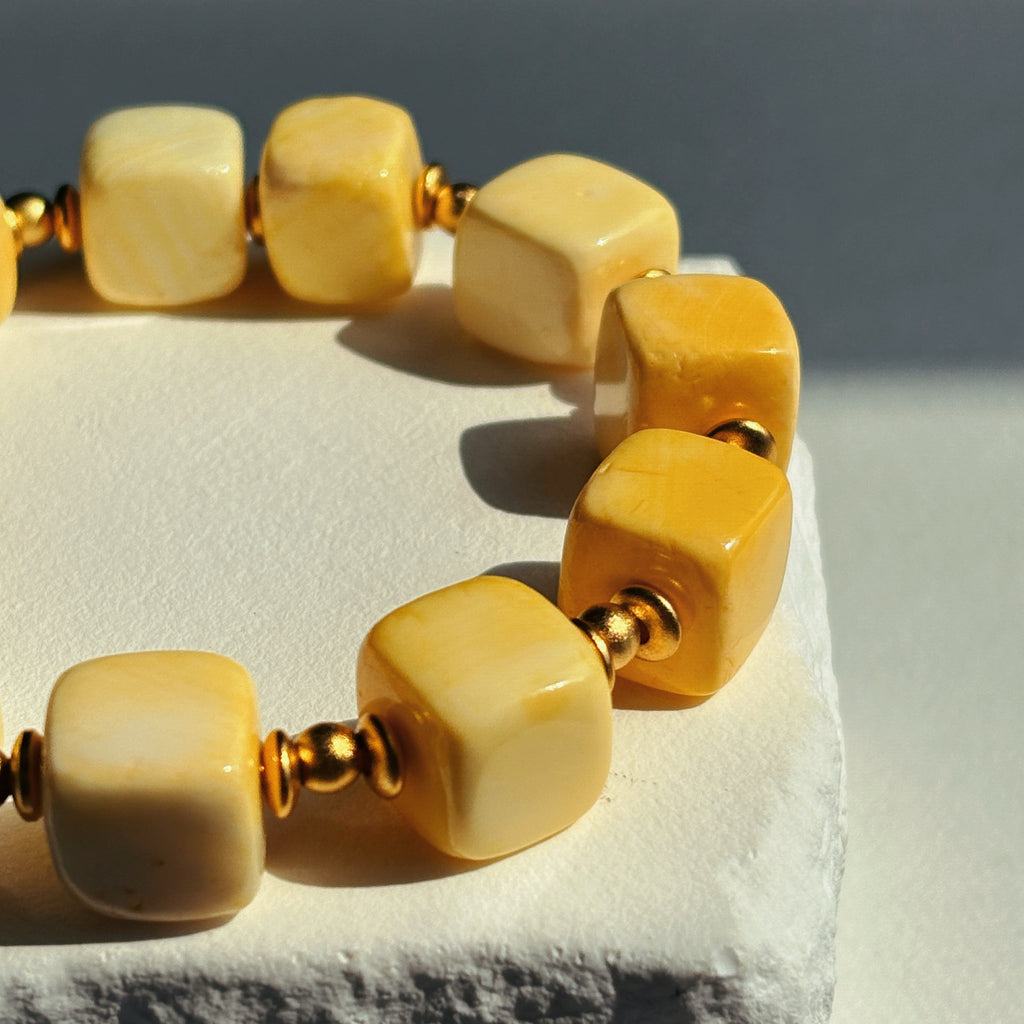 Natural Shell Cube Bead Bracelet with Gold Accent