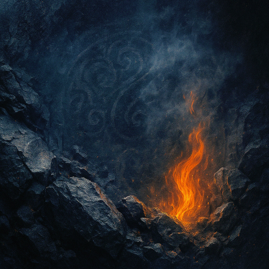 Volcanic fire and stone background with dark smoky atmosphere